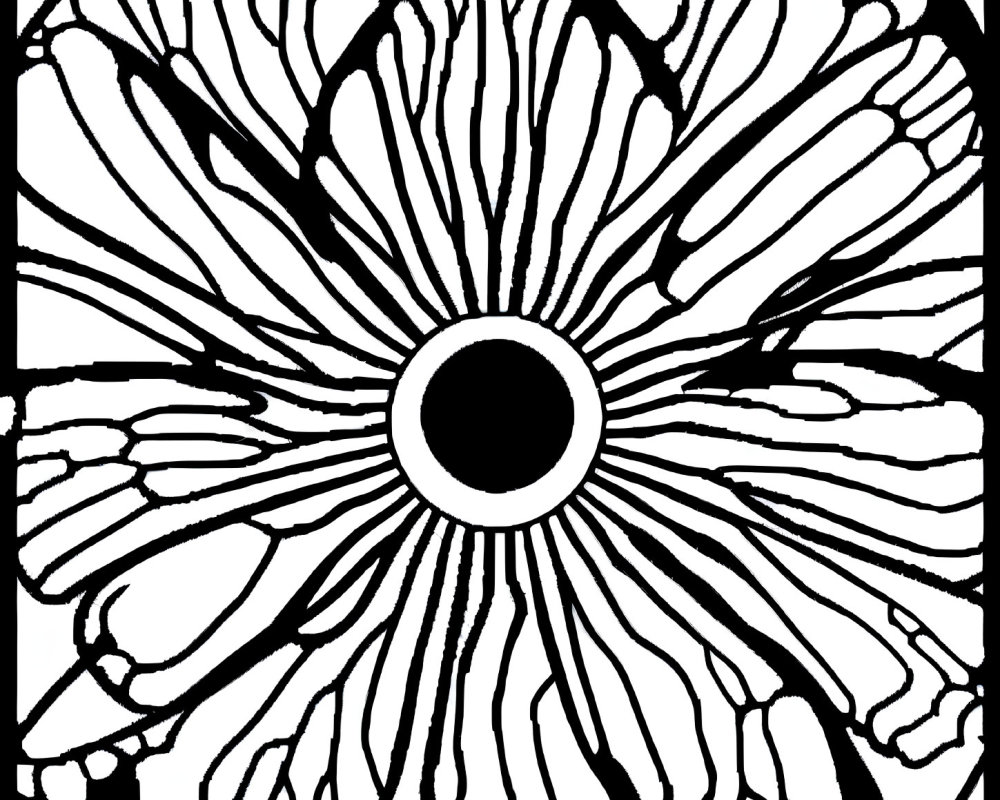 Monochrome abstract floral pattern with central circle and petal-like shapes.