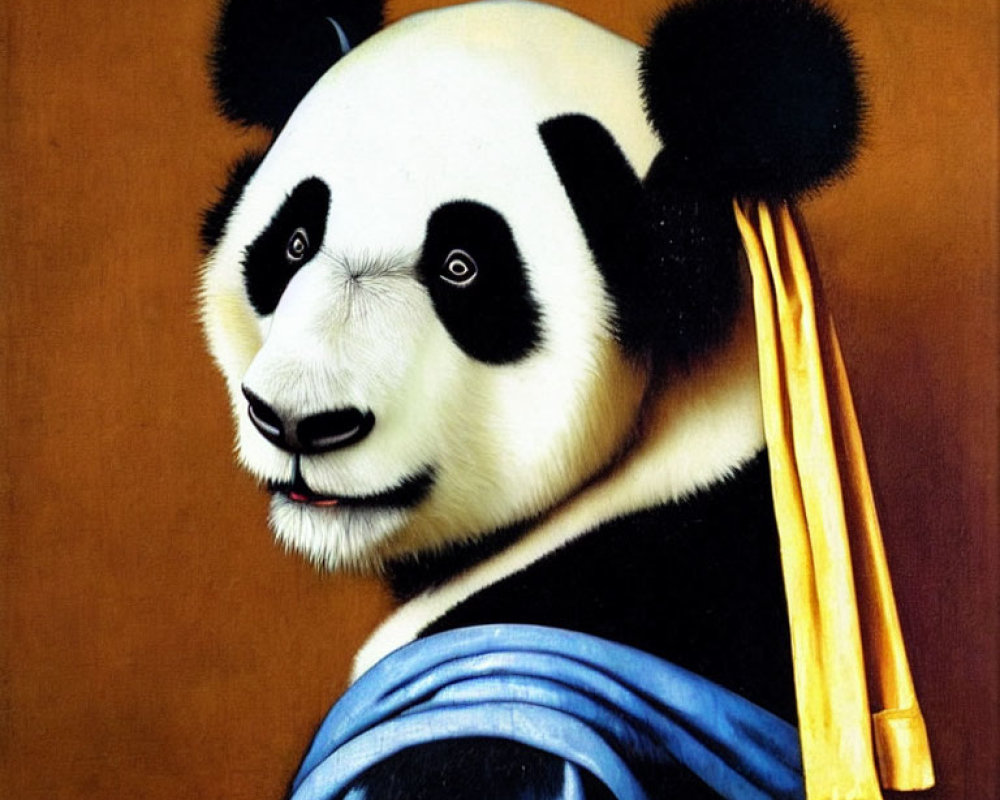 Panda painting in historical clothing with blue shawl and yellow scroll
