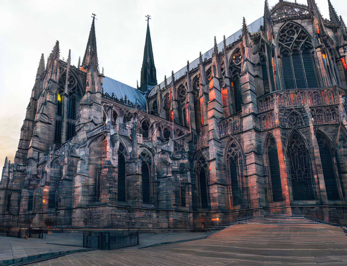 Gothic Cathedral with Intricate Facades and Spires at Twilight