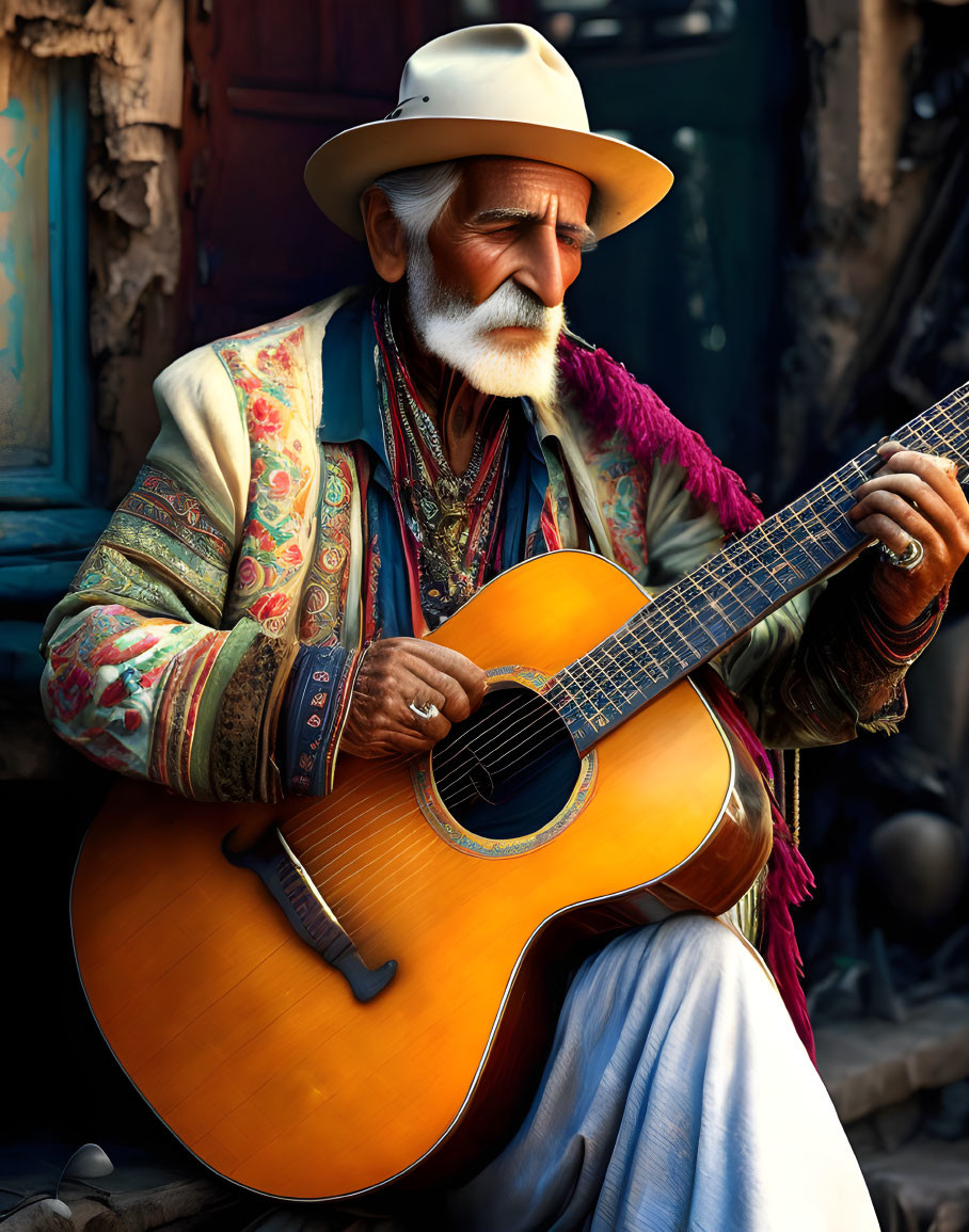 Elderly Man with White Beard Playing Guitar Outdoors