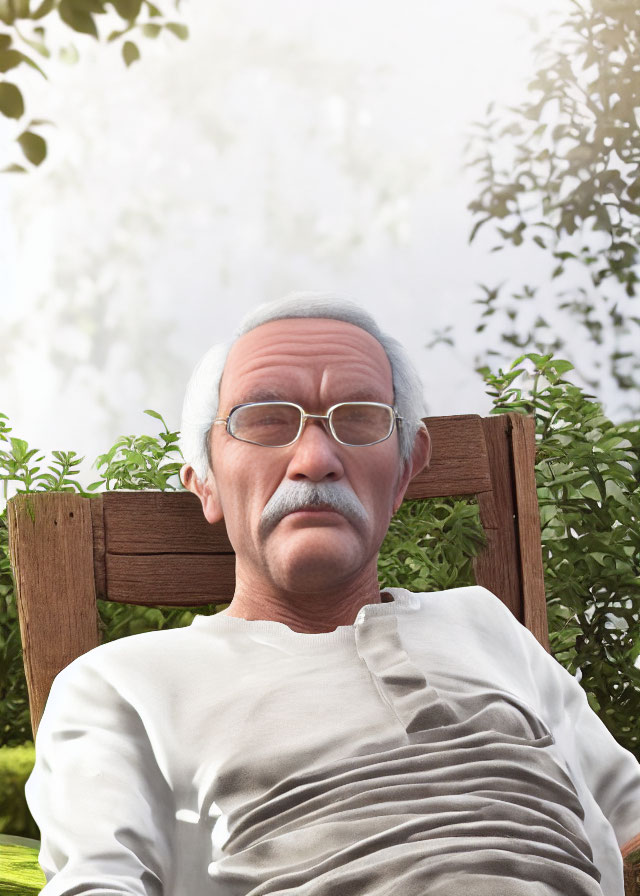 Elderly man in glasses sitting on outdoor wooden bench surrounded by foliage