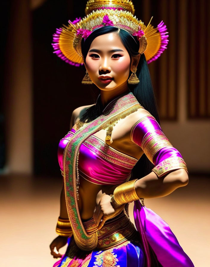 Traditional Thai costume with golden adornments and headdress on woman