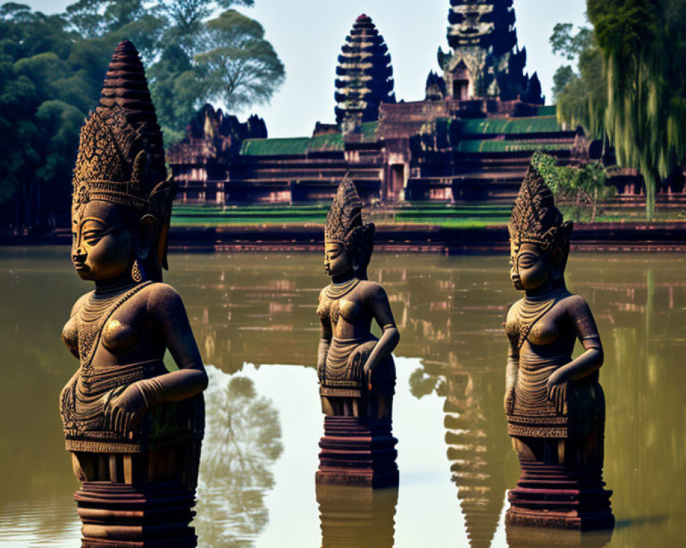 Ancient Stone Statues Overlooking Tranquil Lake with Temple and Forest Reflection