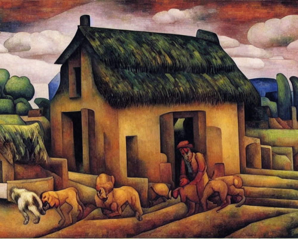 Rural landscape painting with thatched house, man in red, dogs, and geometric pattern ground