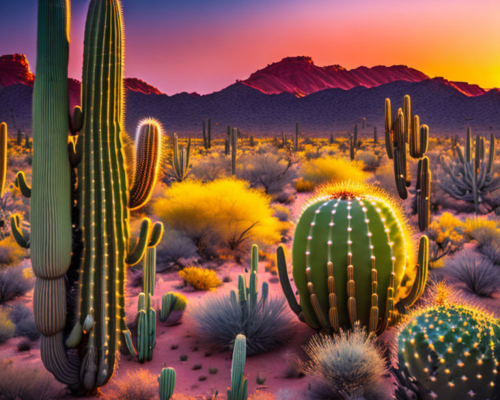 Colorful desert sunset with tall saguaros and barrel cacti against mountain backdrop