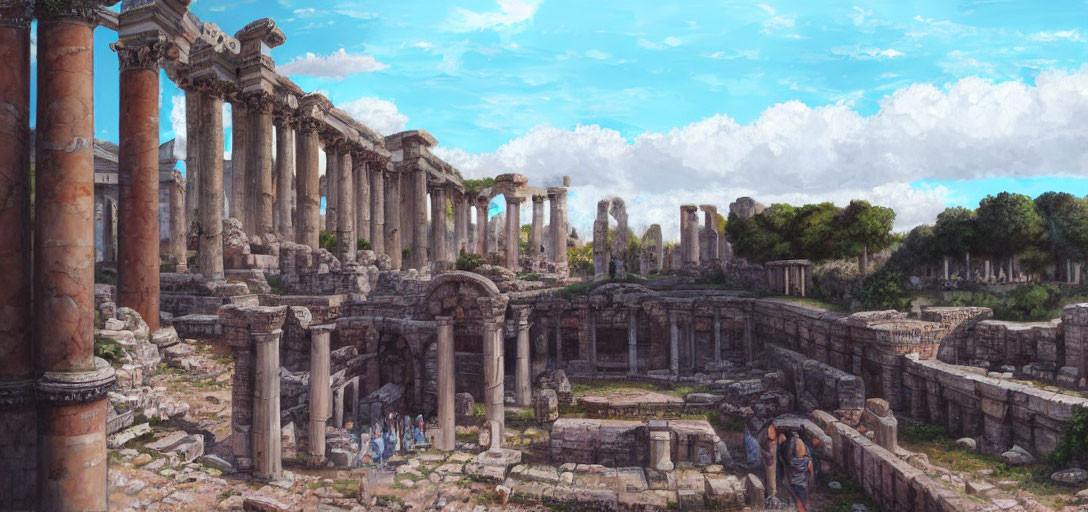 Ancient ruins with towering columns and stone structures under clear blue sky