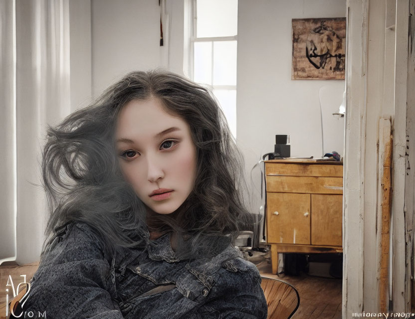 Young woman in denim jacket sitting in room with white walls and artwork