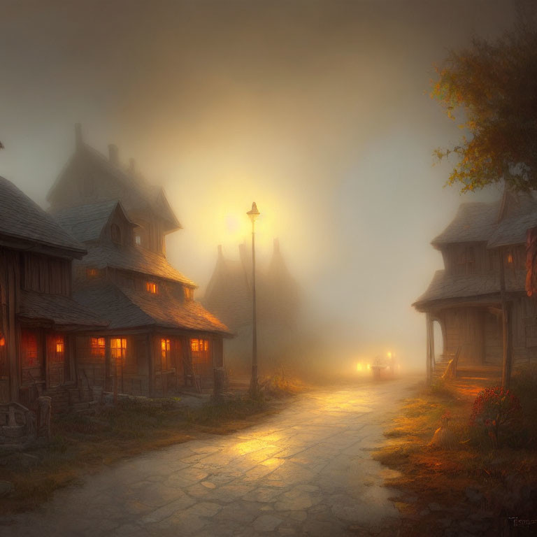 Ethereal foggy scene with warm glowing lights on cobblestone path