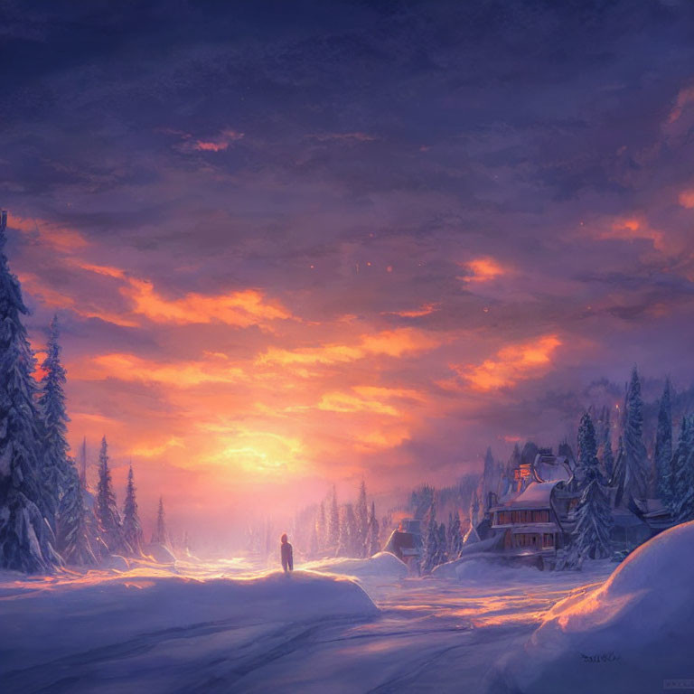 Snowy Sunset Landscape with Figure, Cozy Houses, and Vivid Sky