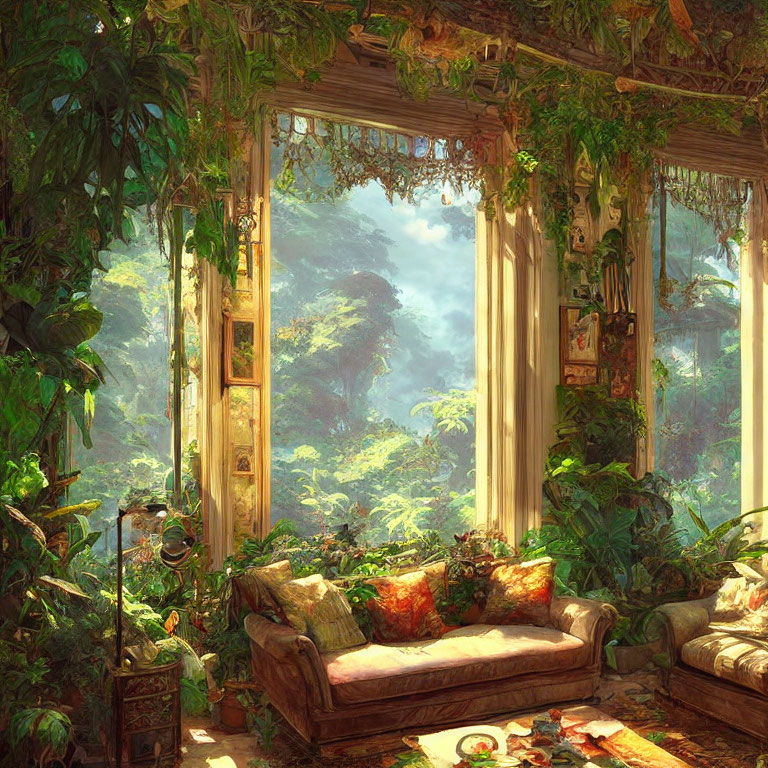 Cozy sofa surrounded by lush greenery and books in sunlit forest room