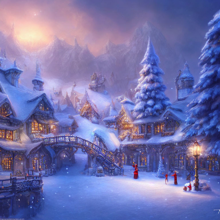 Snowy village at dusk: Glowing lights, snow-covered trees, charming houses