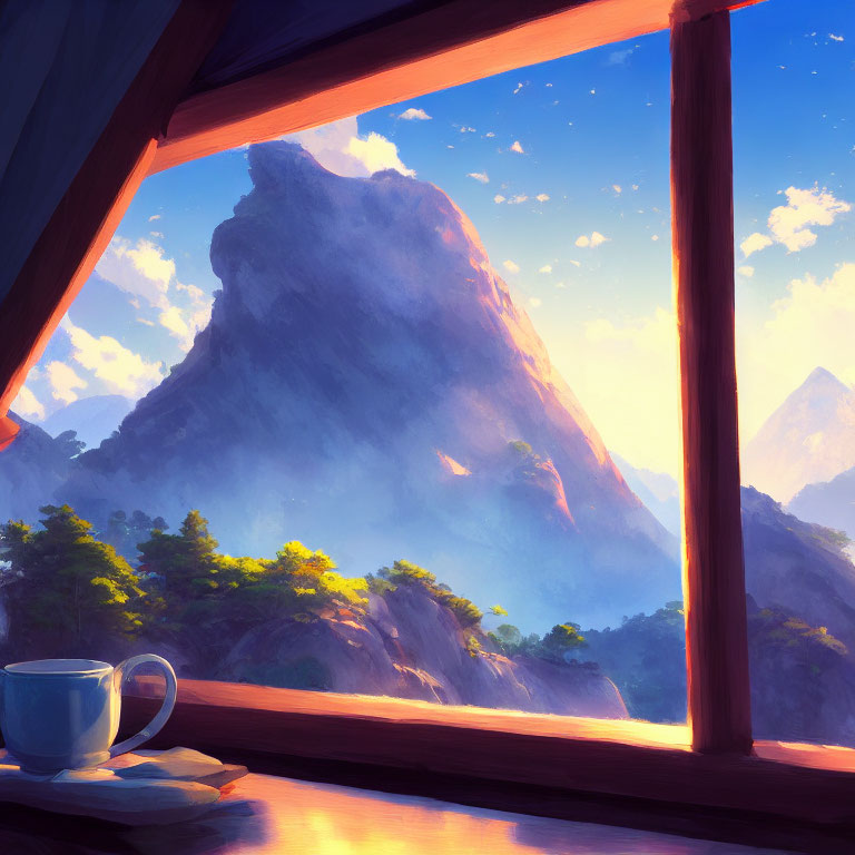 Mountain sunrise view from cabin window with cup on sill