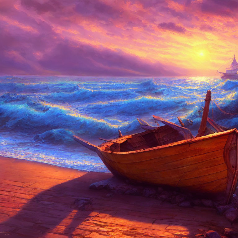Wooden boat on dock under dramatic sunset with ocean waves and distant ship