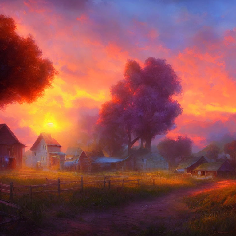 Vibrant orange sunset over rural landscape with tree silhouette and scattered houses