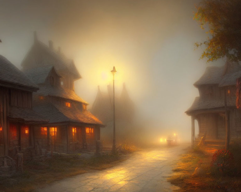 Ethereal foggy scene with warm glowing lights on cobblestone path
