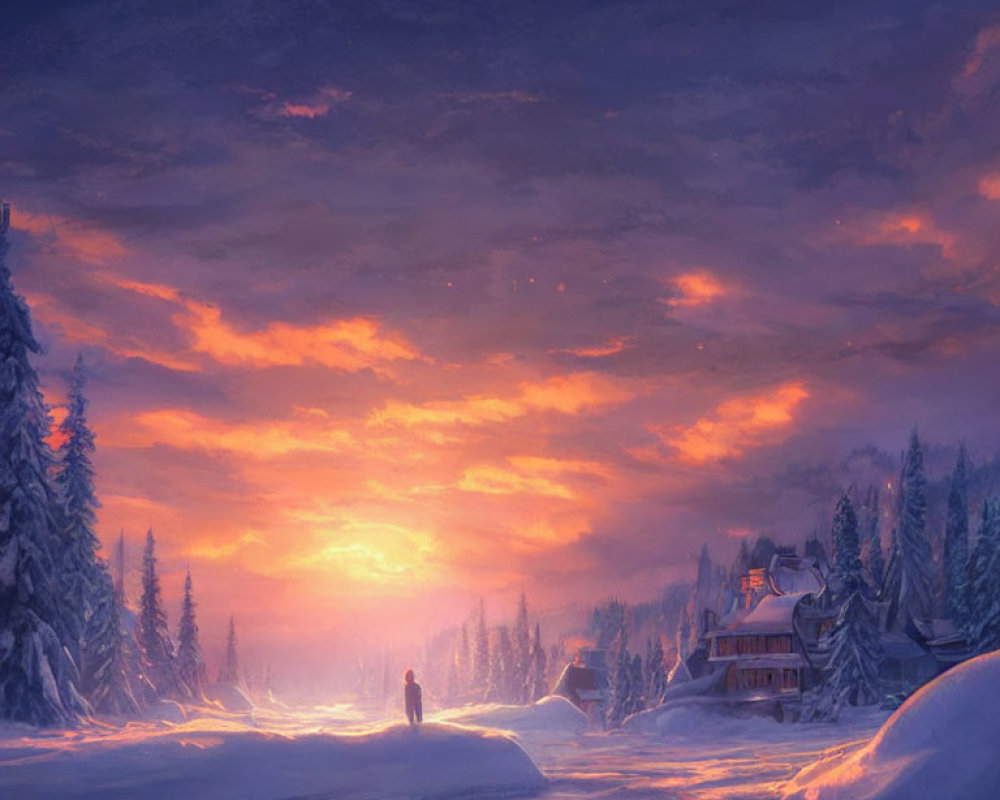 Snowy Sunset Landscape with Figure, Cozy Houses, and Vivid Sky