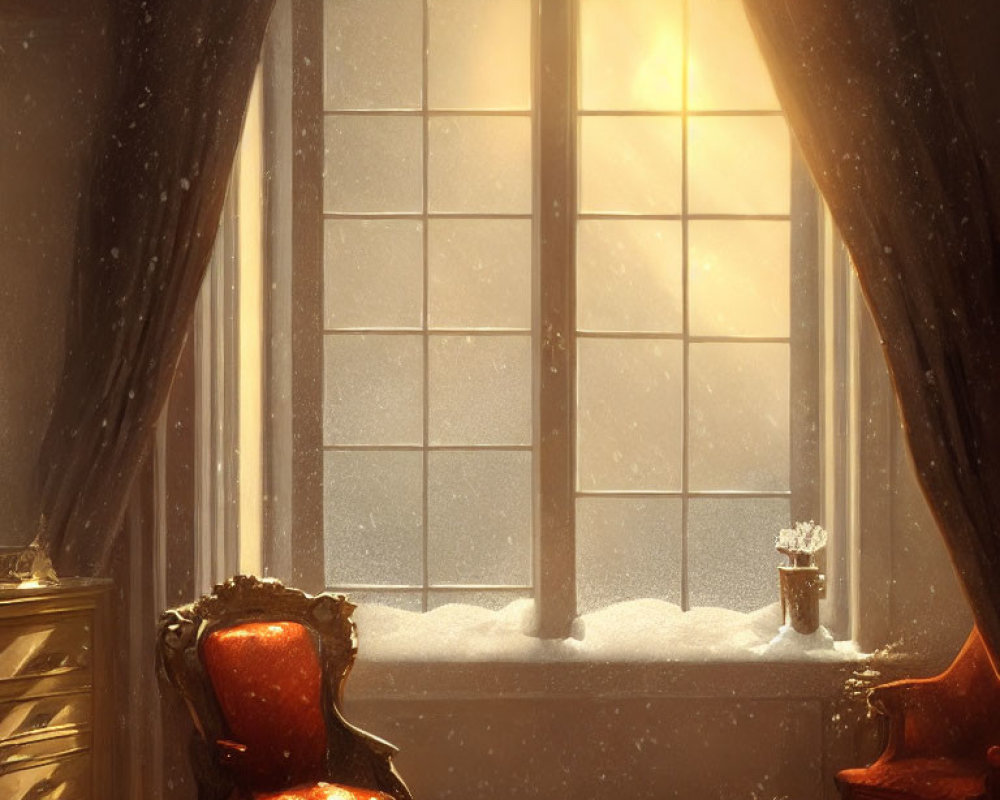 Snowy window sill scene: cozy room with red chair and falling snowflakes