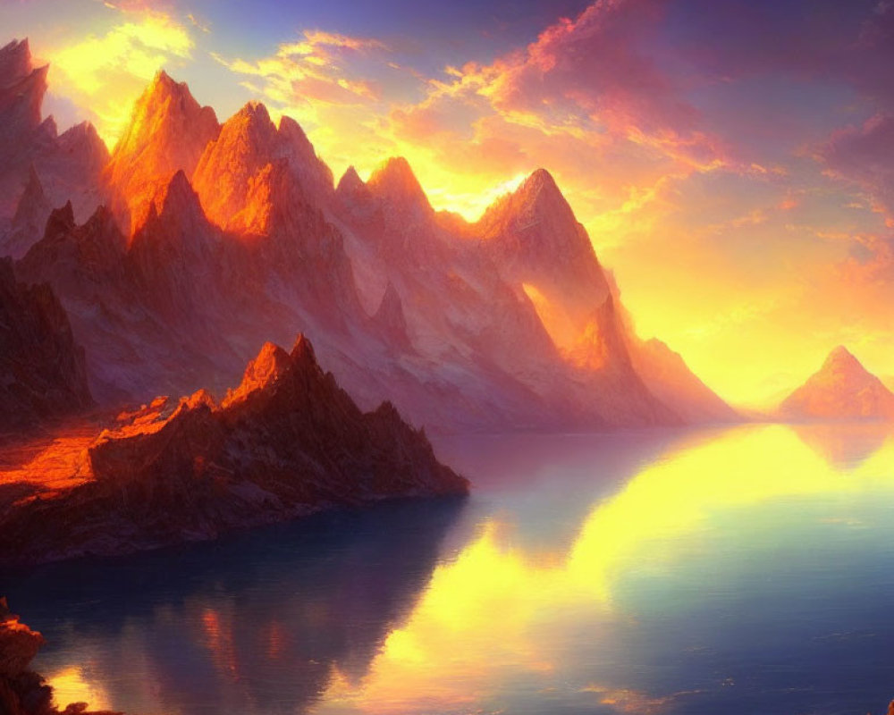 Sunlit Lake Reflecting Mountain Peaks in Hazy Sky
