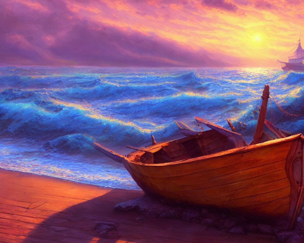Wooden boat on dock under dramatic sunset with ocean waves and distant ship