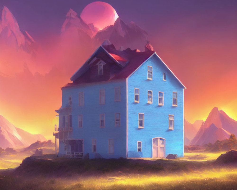 Surreal landscape: solitary blue house under purple sky with planet and orange mountains