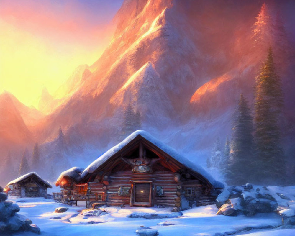 Snow-covered log cabin in serene winter mountain sunset