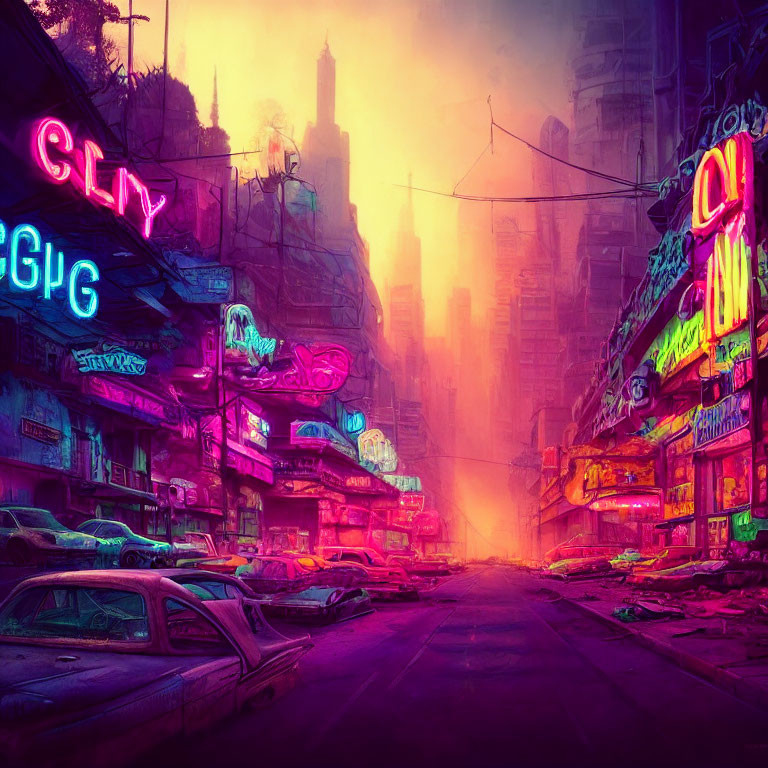 Neon-lit urban alley with retro-futuristic vibes and abandoned cars