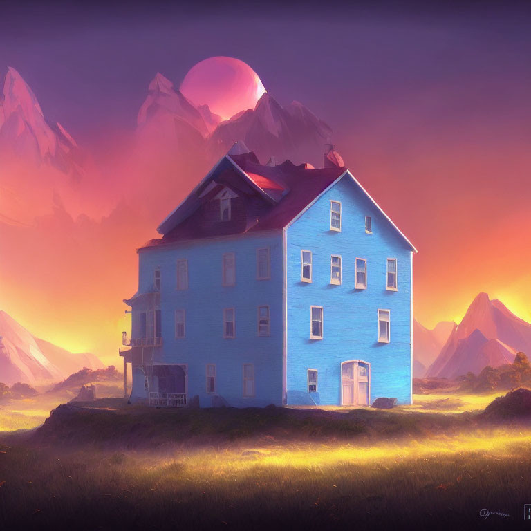 Surreal landscape: solitary blue house under purple sky with planet and orange mountains