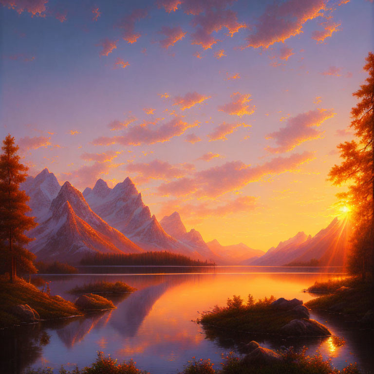 Mountain sunset with orange skies reflected in lake and pine tree silhouettes