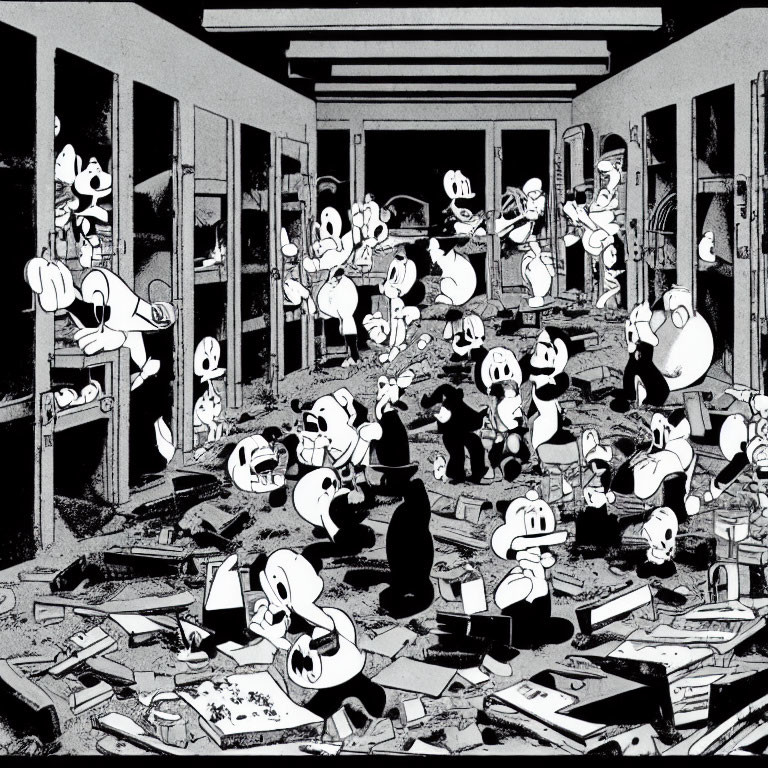Monochrome illustration of animated characters in cluttered room