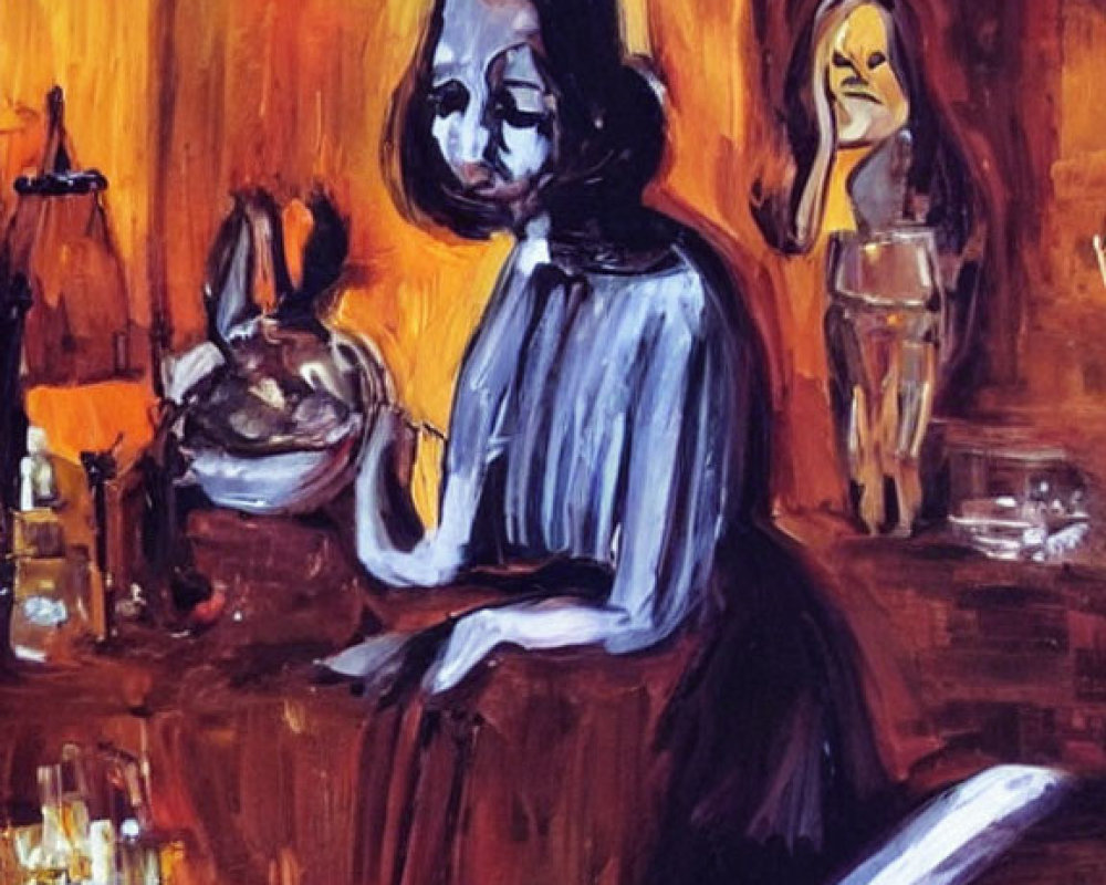 Expressionist painting: Seated woman with blue face and hands at table