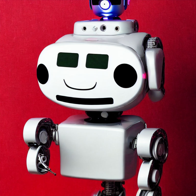 White Robot with Digital Face and Articulated Arms on Red Background
