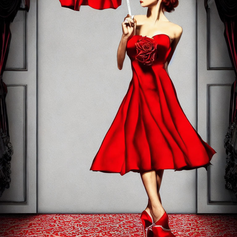 Woman in Red Strapless Dress Holding Mask Against Patterned Backdrop
