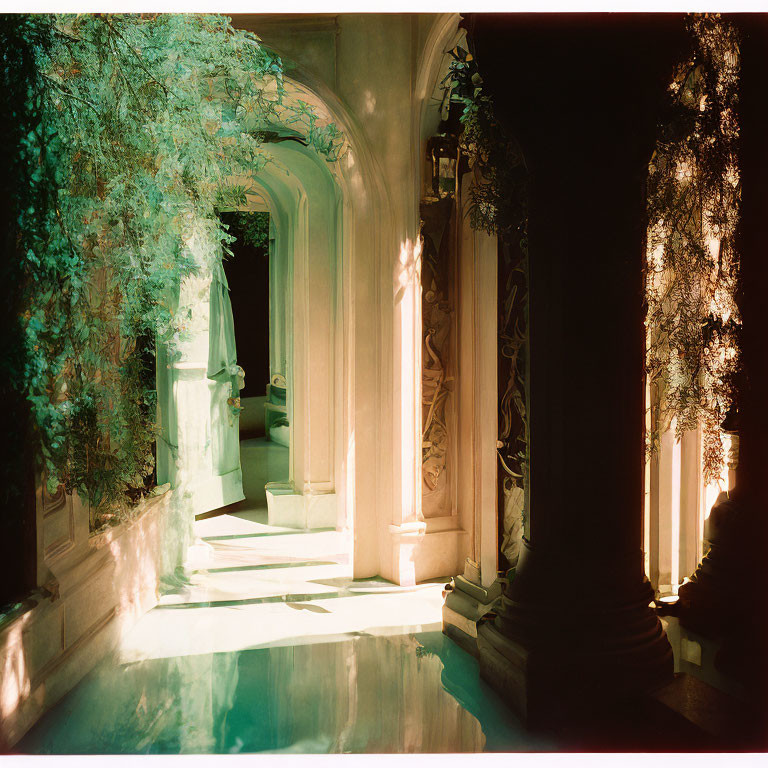 Sunlit archway with pillars and shadows in a serene plant-filled corridor
