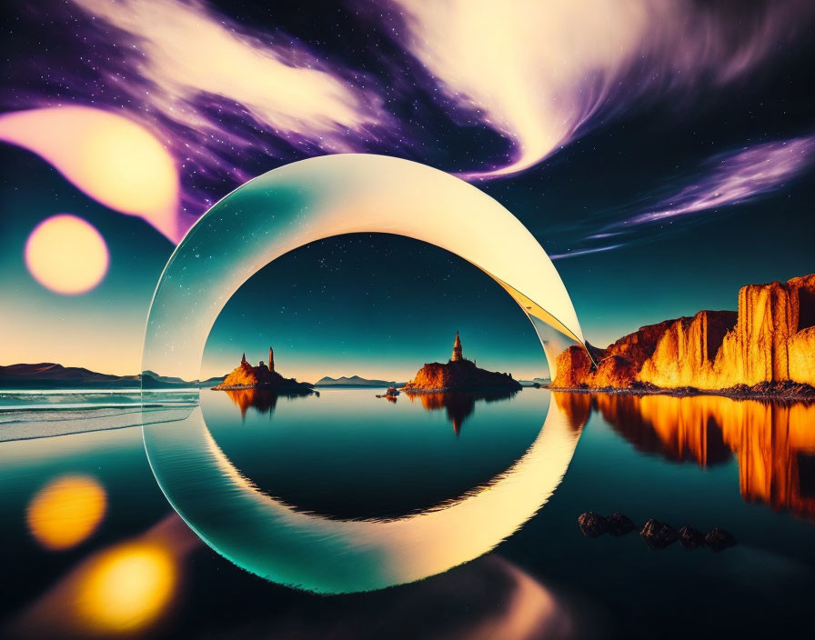 Surreal landscape featuring reflective sphere, cosmic skies, and colorful rocky formations.