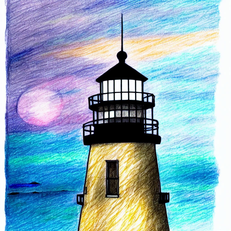 Colorful sunset lighthouse drawing with multicolored sky