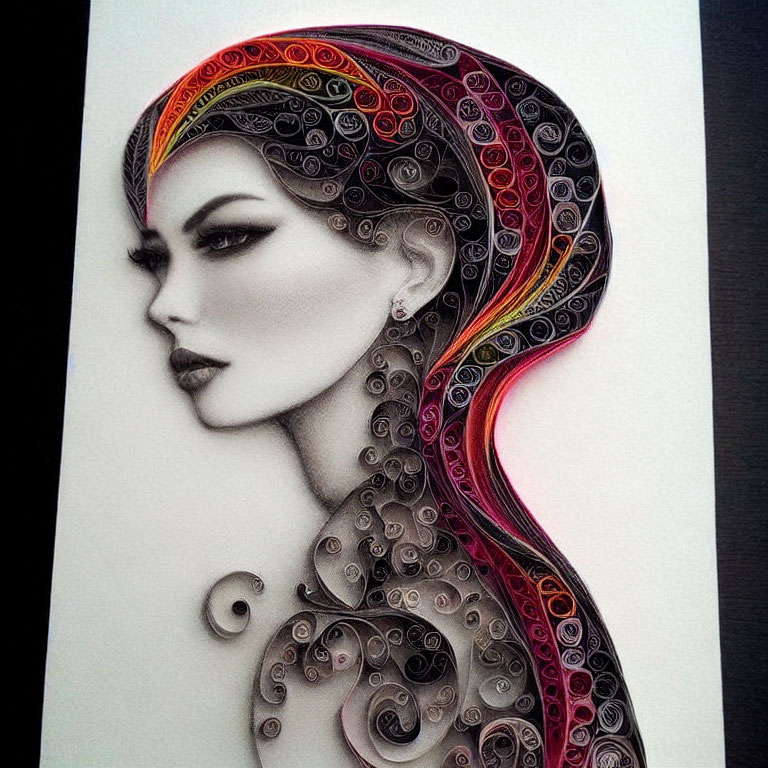 Intricate Quilled Paper Design of Woman's Profile in Black, Red, and Yellow