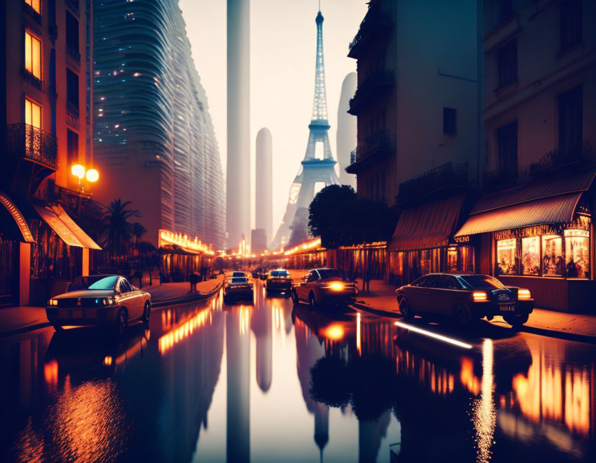 Surreal cityscape with Eiffel Tower, reflective road, vintage cars, ambient lighting