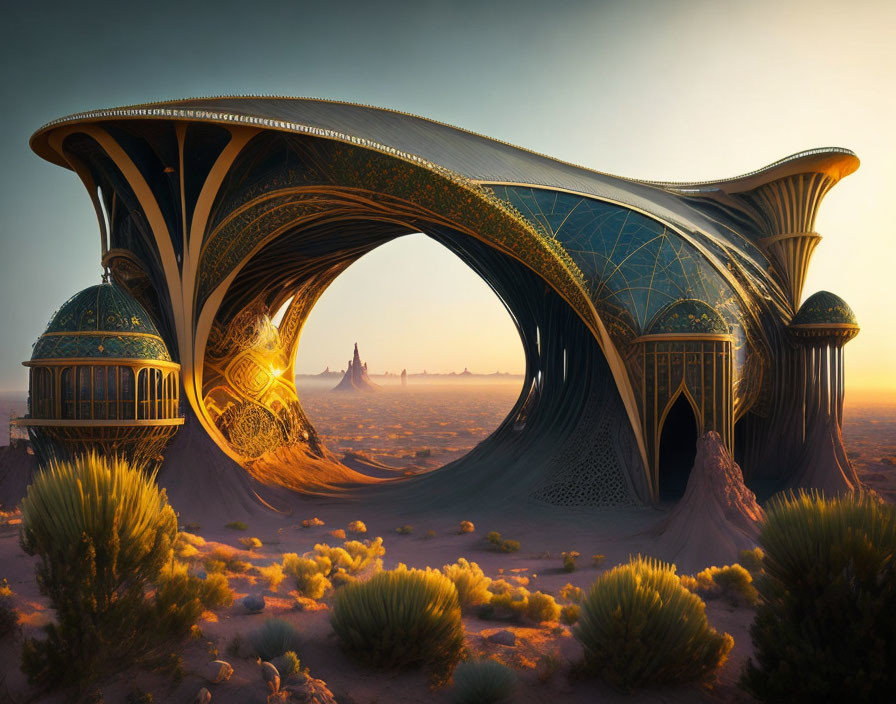 Futuristic desert building with intricate arches and domes