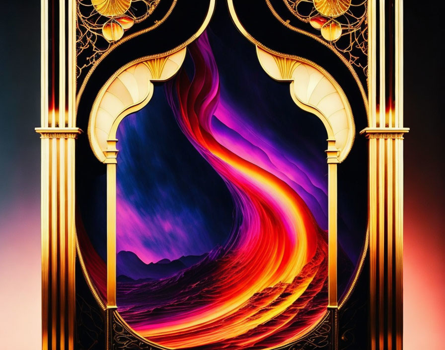 Colorful swirling vortex in ornate golden frame on dark background