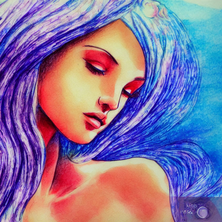 Vibrant Purple Hair and Red Eyes Illustration in Rich Colors