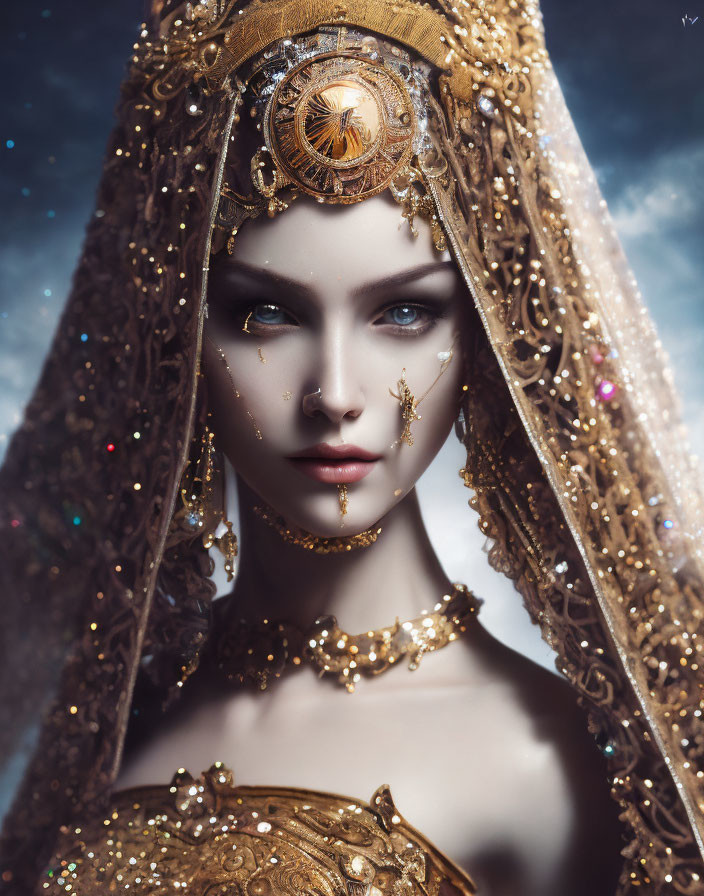 Ethereal female figure with blue eyes in golden headdress