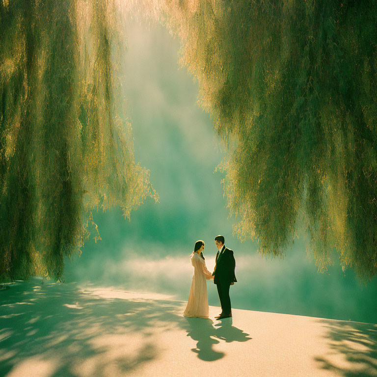 Wedding couple under weeping willows in soft light