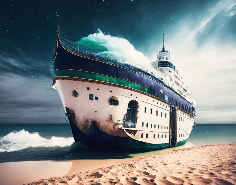 Composite Image: Ship Stranded on Beach with Crashing Waves