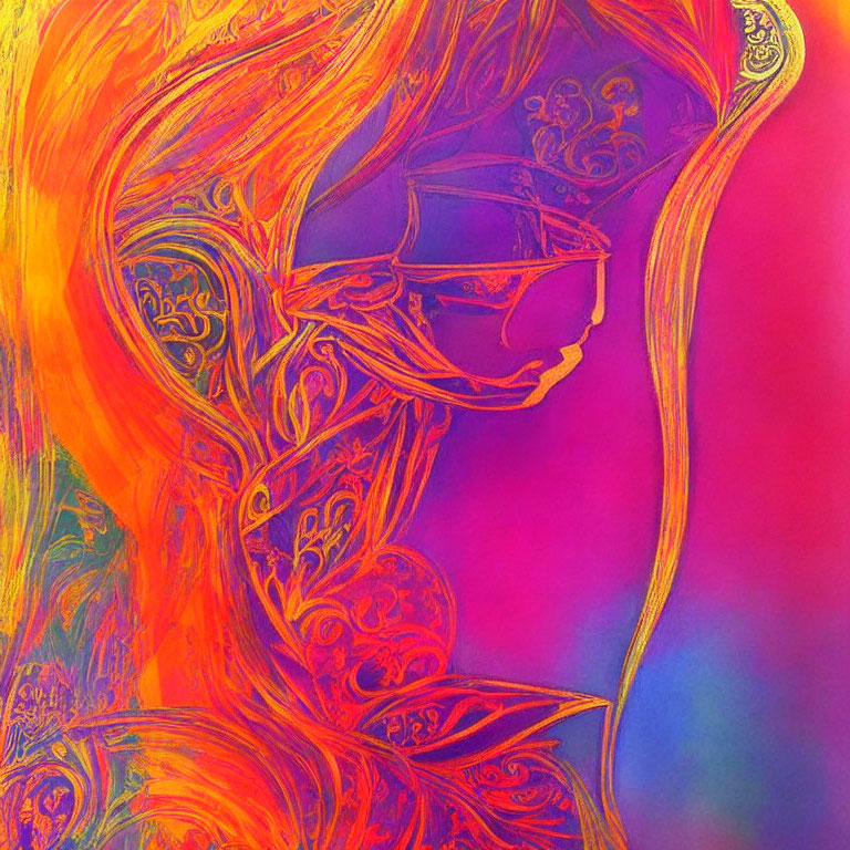 Abstract portrait in hot pink and orange hues with intricate patterns and sunglasses.