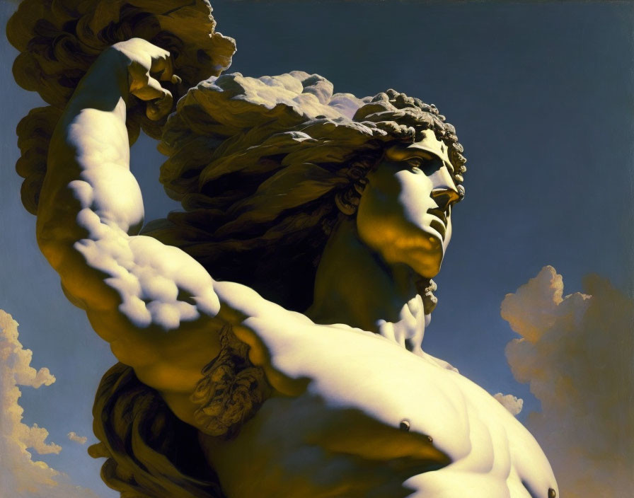 Classical-style sculpture of muscular male figure in motion against blue sky