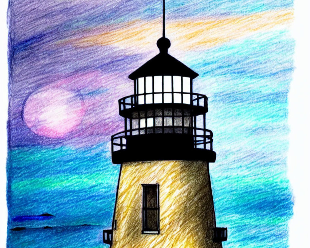 Colorful sunset lighthouse drawing with multicolored sky