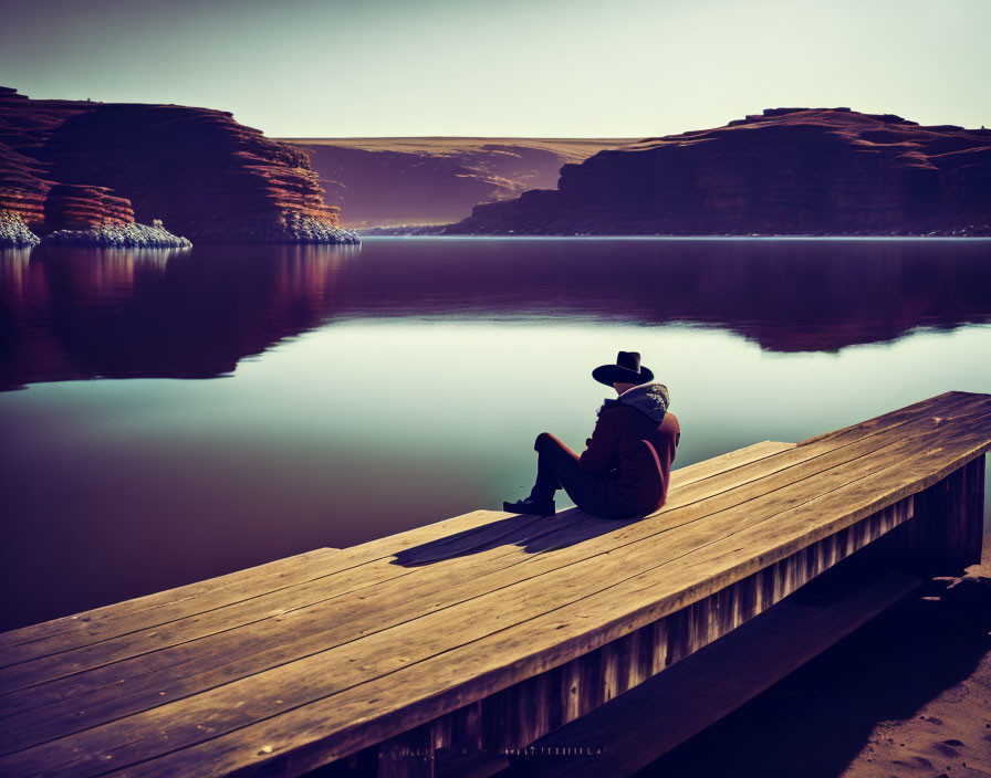 Person in hat sitting on wooden dock by tranquil lake with steep cliffs and clear sky