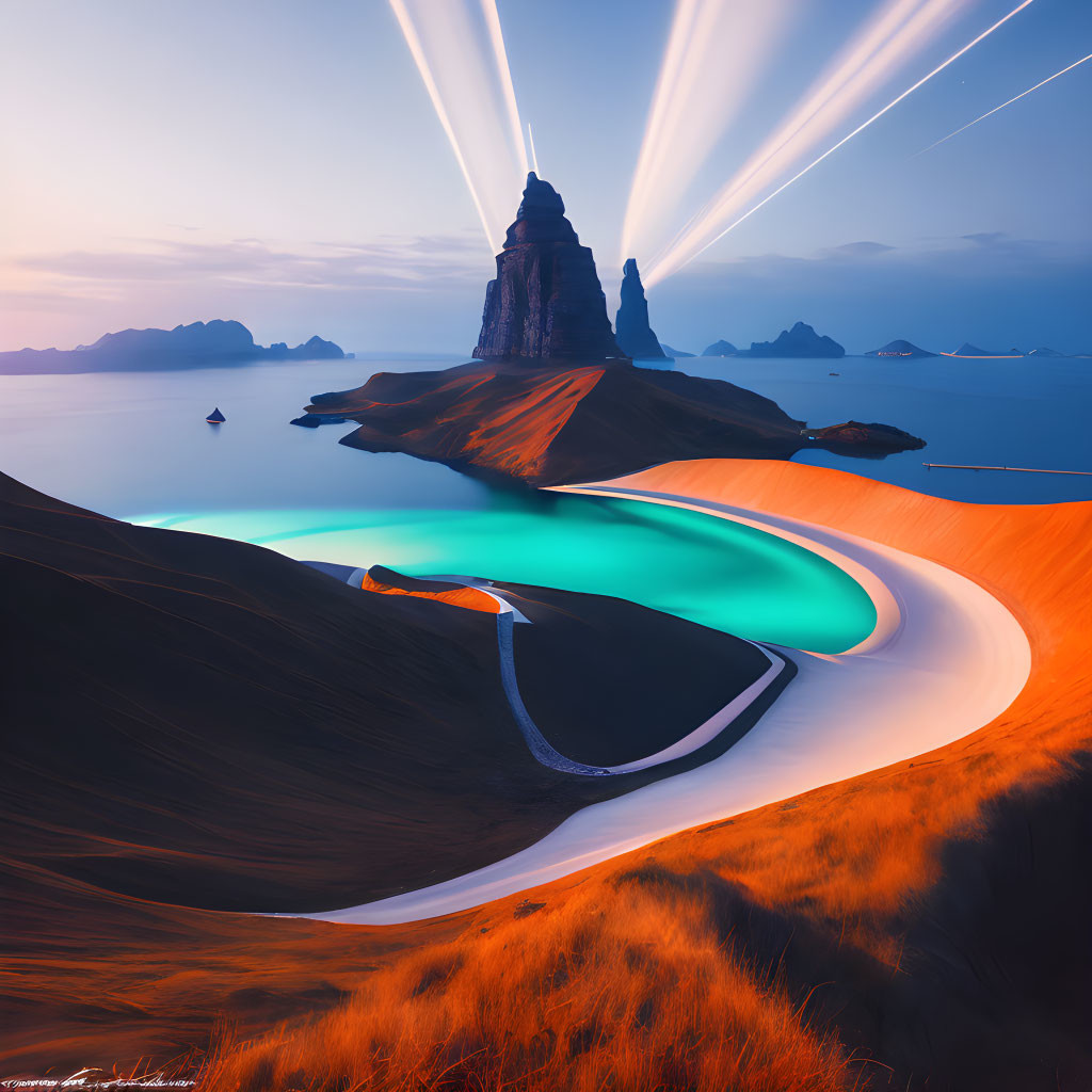 Majestic twilight landscape with turquoise river, hills, and rock formation