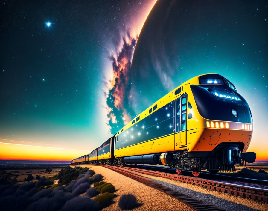 Modern Train at Dusk with Stunning Twilight Sky and Vivid Milky Way