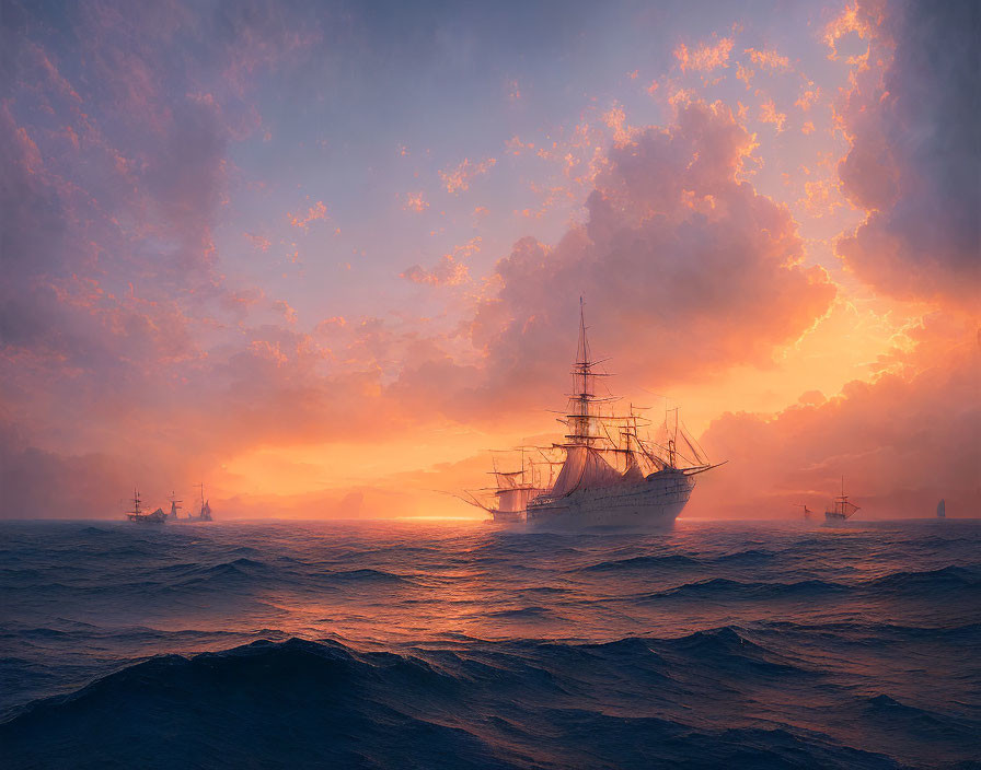 Sailing ship in choppy ocean at sunset with vivid orange and yellow hues